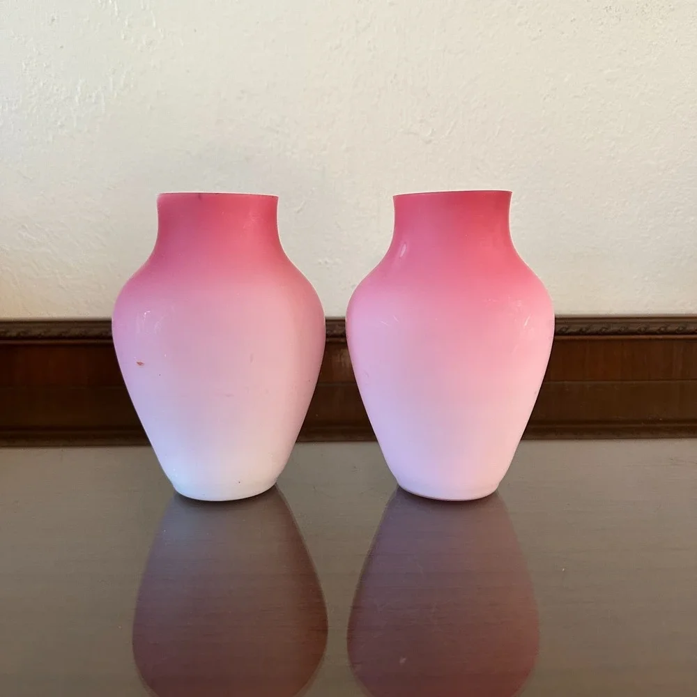 2 Antique Victorian MT WASHINGTON Satin Pink Quilted Cased Glass Vase Bird Vines